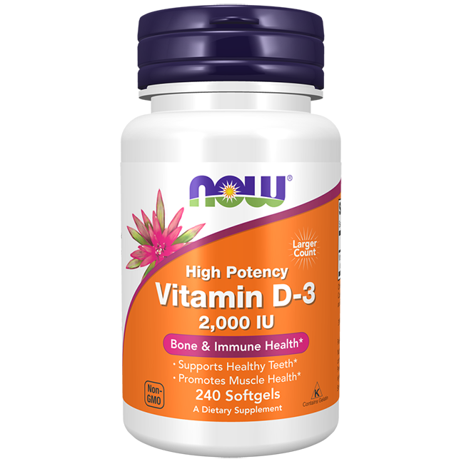 Now Foods Vitamin D3 2000 IU (50 mcg) comes in a bottle of 240 softgels and supports bone health and immune system function.