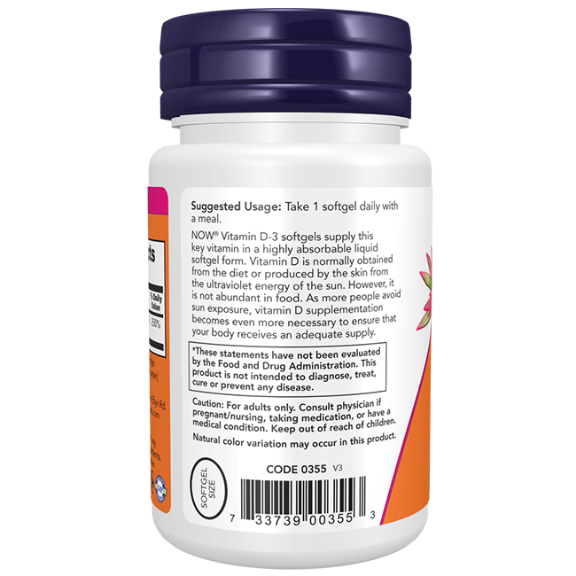 Back of a Now Foods Vitamin D3 2000 IU (50 mcg) 240 Softgels bottle features directions, warnings, and supplement details in black and purple text on a white label for immune system support.