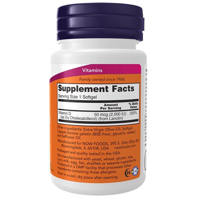 A bottle of Now Foods Vitamin D3 2000 IU (50 mcg) 240 Softgels showing the supplement facts label, highlighting Vitamin D3 for immune support, plus ingredients, manufacturer details, and storage instructions.