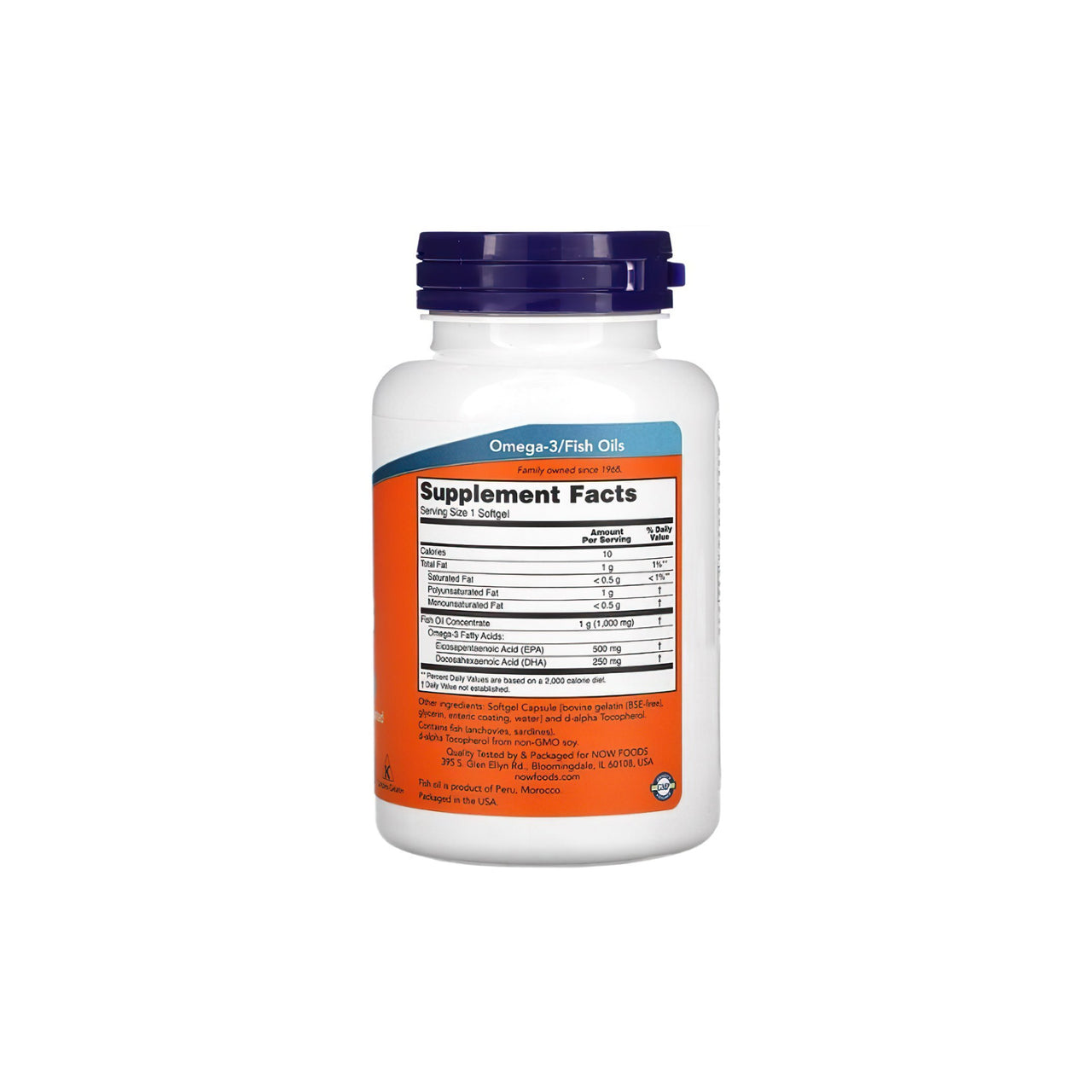 A bottle of Ultra Omega-3 500 mg EPA/250 mg DHA 90 softgel by Now Foods providing cardiovascular support on a white background.