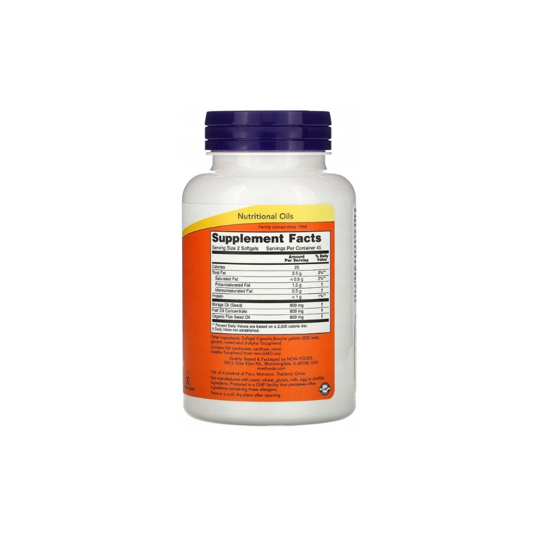 A bottle of Omega 3-6-9 90 softgel supplements with anti-inflammatory properties on a white background by Now Foods.