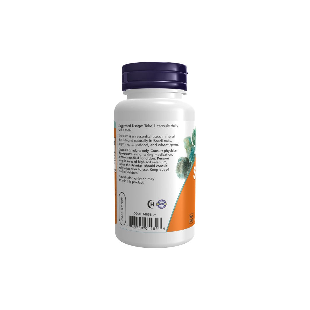 A bottle of Now Foods Selenium 200 mcg 90 Veg Capsules for thyroid hormone production, with a label showing usage instructions and ingredients, isolated on a white background.