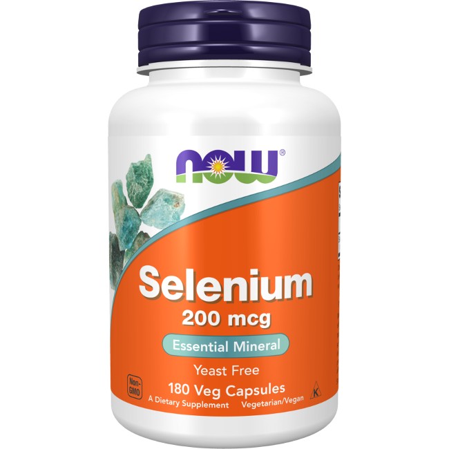 Bottle of Now Foods Selenium 200 mcg 90 Veg Capsules for thyroid hormone production, 180 vegetarian/vegan capsules, yeast free, with brand logo and green leaf design.