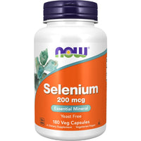 Thumbnail for Bottle of Now Foods Selenium 200 mcg 90 Veg Capsules for thyroid hormone production, 180 vegetarian/vegan capsules, yeast free, with brand logo and green leaf design.