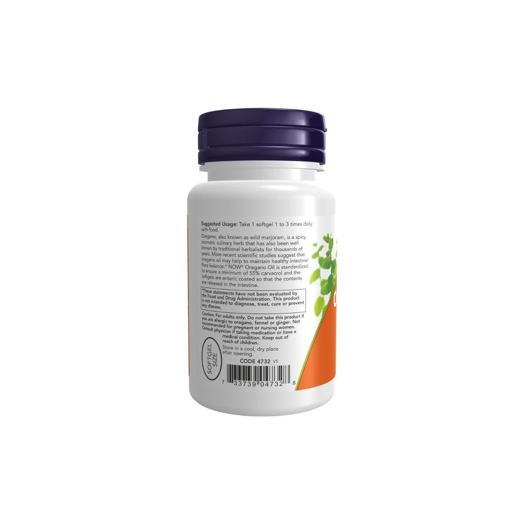 White supplement bottle with purple cap, displaying label with nutritional information and orange design elements, including Now Foods Oregano Oil 181 mg 90 Softgels.
