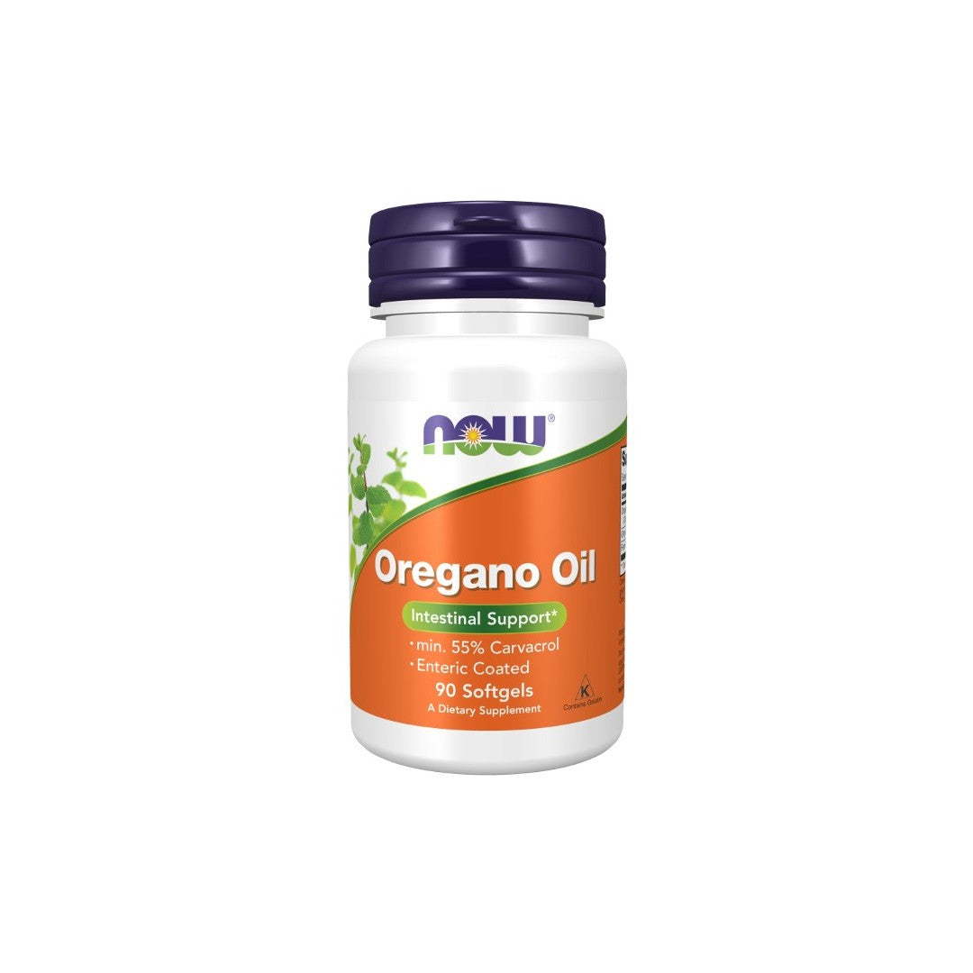 A white bottle of Now Foods oregano oil supplement with a label showing product details, claiming to support intestinal health with 55% carvacrol.