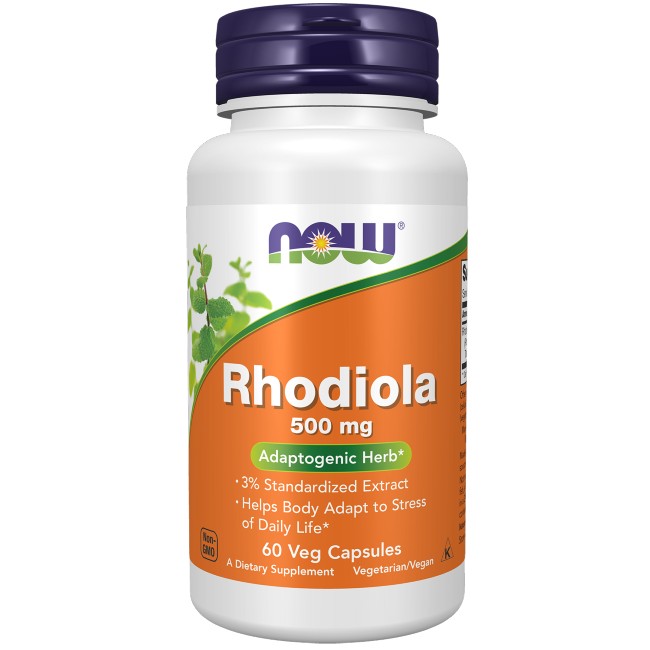 A bottle of Now Foods Rhodiola 500 mg 60 Veg Capsules, labeled as an adaptogenic support supplement, with 60 vegetarian capsules.