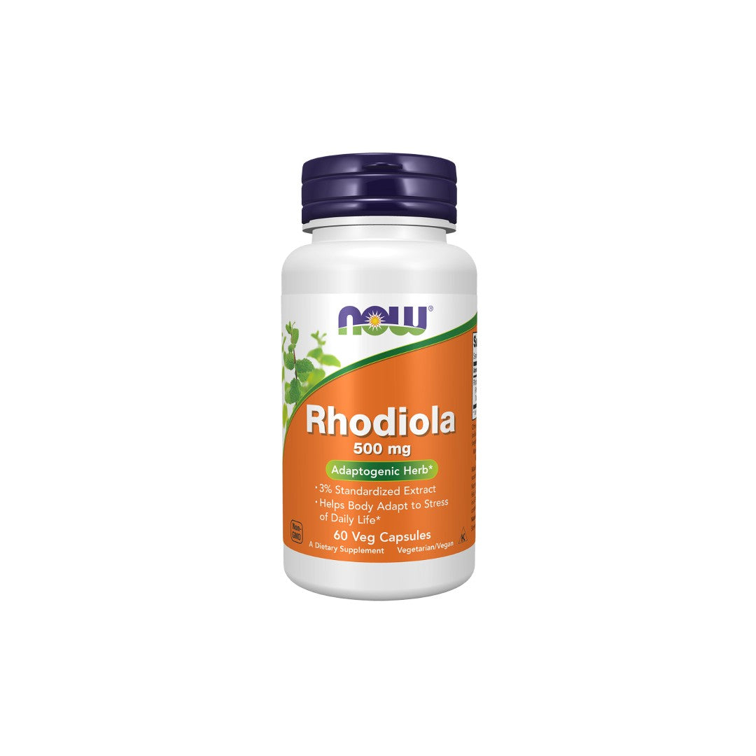 A bottle of Now Foods Rhodiola 500 mg 60 Veg Capsules dietary supplement, designed to support the immune system, featuring a label with orange, white, and green colors.