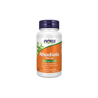 Thumbnail for A bottle of Now Foods Rhodiola 500 mg 60 Veg Capsules dietary supplement, designed to support the immune system, featuring a label with orange, white, and green colors.