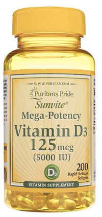 Thumbnail for A bottle of Puritan's Pride Vitamins D3 5000 IU 200 Rapid Release Softgels, essential for bone growth and calcium absorption.