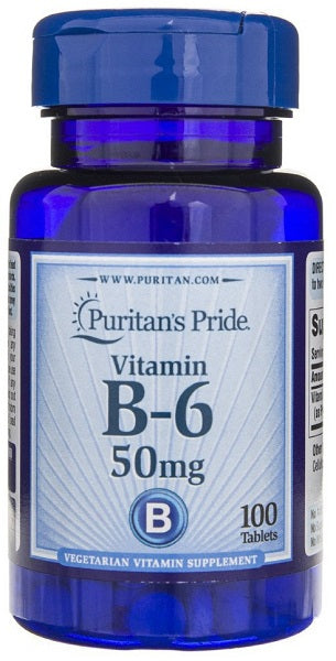 Puritan's Pride Vitamin B-6 Pyridoxine 50mg 100 tablets supports energy metabolism and cardio health.