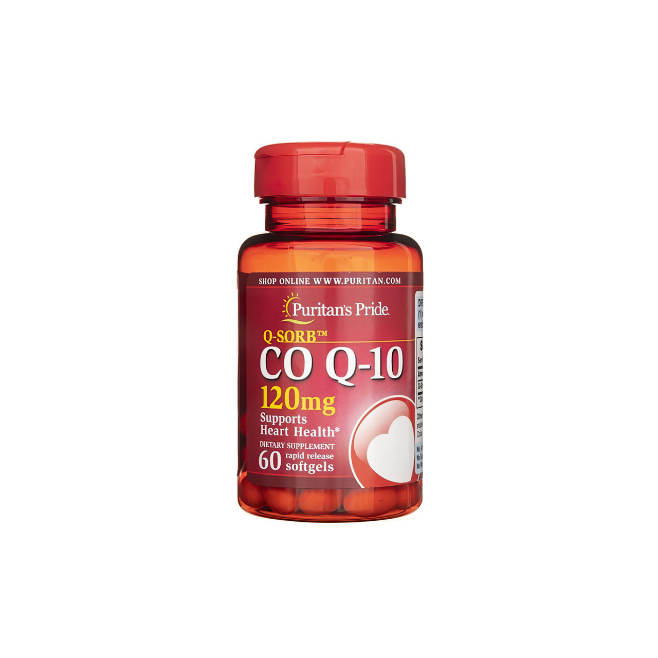A bottle of Puritan's Pride Coenzyme Q10 - 120 mg 60 Rapid Release softgels.