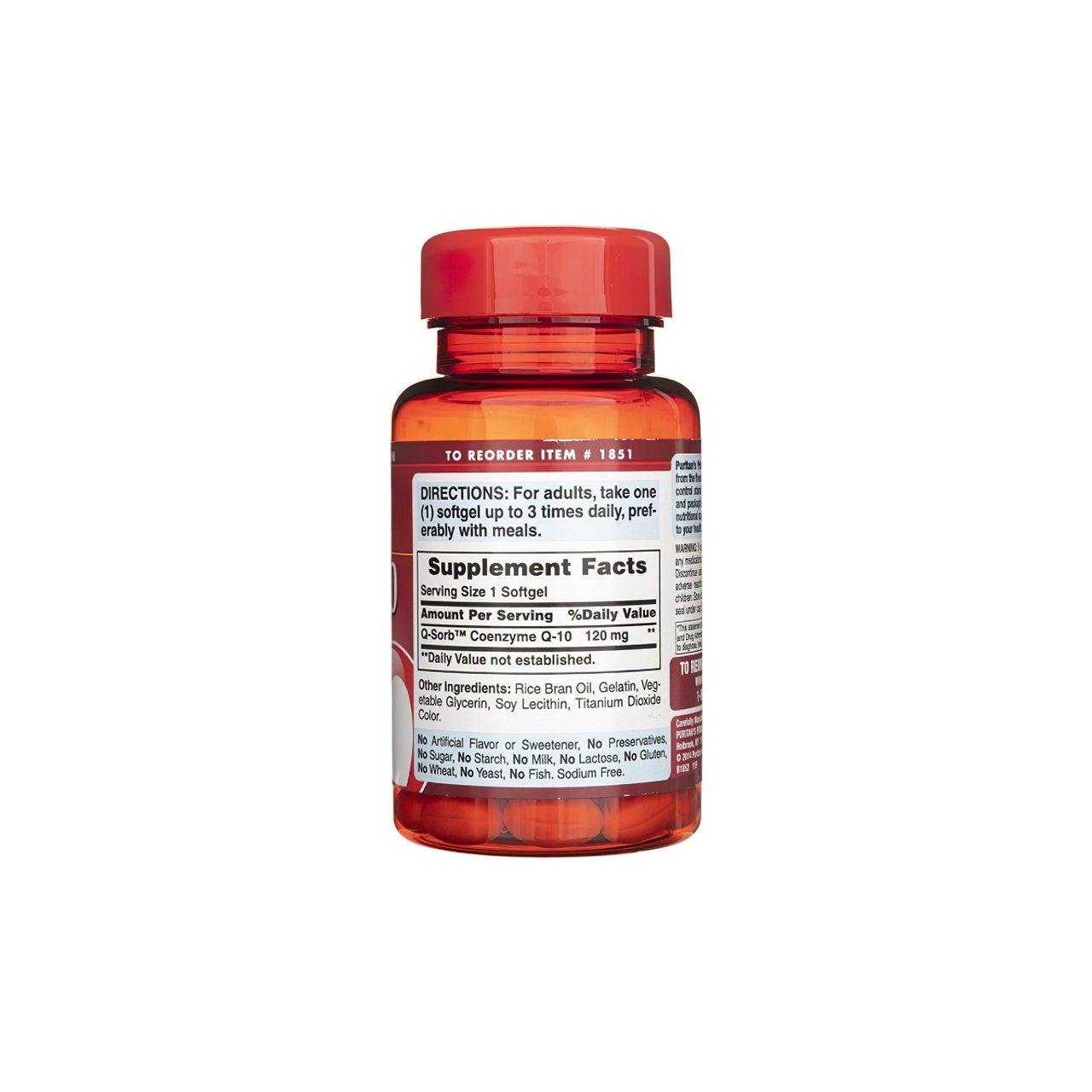 A bottle of Puritan's Pride Coenzyme Q10 - 120 mg 60 Rapid Release softgels on a white background.