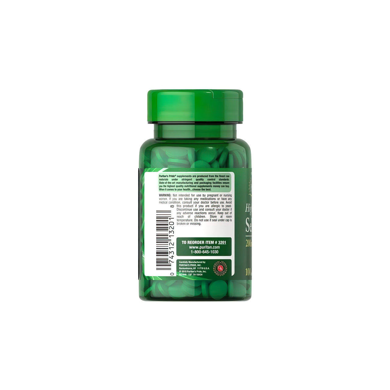 A bottle of Puritan's Pride Selenium 200 mcg 100 tablets, a dietary supplement containing green tea, an antioxidant, on a white background.