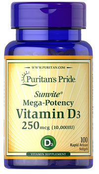 Thumbnail for Puritan's Pride Vitamins D3 10000IU 100 sgel promotes calcium absorption and supports immune function.