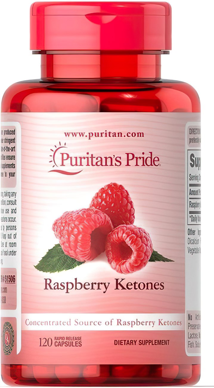 Puritan's Pride Raspberry Ketones 100 mg 120 Rapid Realase capsules, a powerful supplement packed with antioxidants and designed to enhance weight loss and boost metabolism.