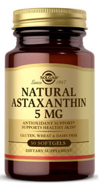 Thumbnail for Solgar Natural Astaxanthin 5 mg 30 softgel is a powerful antioxidant that provides numerous skincare benefits. Each serving contains 5 mg of this potent astaxanthin, ensuring maximum effectiveness for promoting healthy skin.