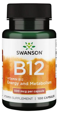 Thumbnail for Swanson offers the Vitamin B-12 500 mcg 100 caps cyanocobalamin supplement that supports cardiovascular health and red blood cell production.