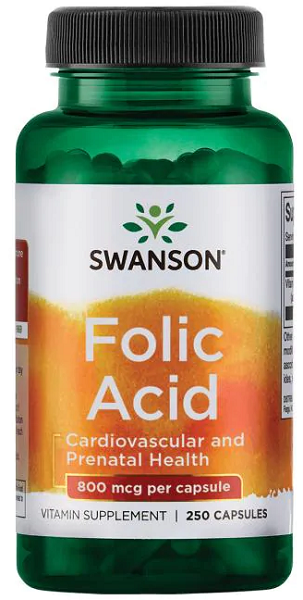 A bottle of Swanson Folic Acid - 800 mcg 250 capsules.