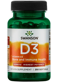 Thumbnail for A bottle of Swanson Vitamin D3 - 5000 IU 250 softgel, a supplement specifically designed to support immune function and enhance calcium absorption with Vitamin D3.