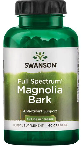 A bottle of Swanson Magnolia Bark 400 mg dietary supplement with antioxidant and digestive health support, containing 60 capsules.