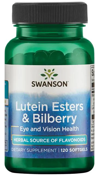 A bottle of Swanson Lutein Esters 6 mg & Bilberry 20 mg 120 Softgels for eye health.