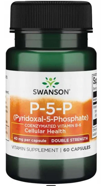A bottle of Swanson P-5-P Pyridoxal-5-Phosphate Double Strength - 40 mg 60 capsules supplement for cardiovascular health.