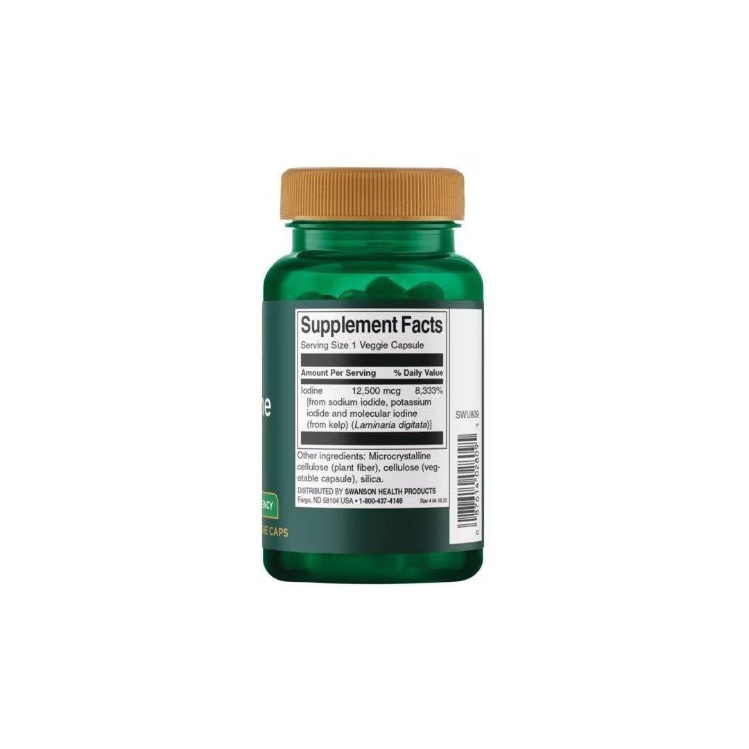 A green supplement bottle displaying Swanson's Triple Iodine Complex High Potency 12,5 mg 60 Veggie Capsules for thyroid and metabolic functions on its nutritional information label.