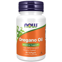 Thumbnail for A bottle of Now Foods Oregano Oil 181 mg dietary supplements, labeled for intestinal support with 90 softgels, enteric coated.