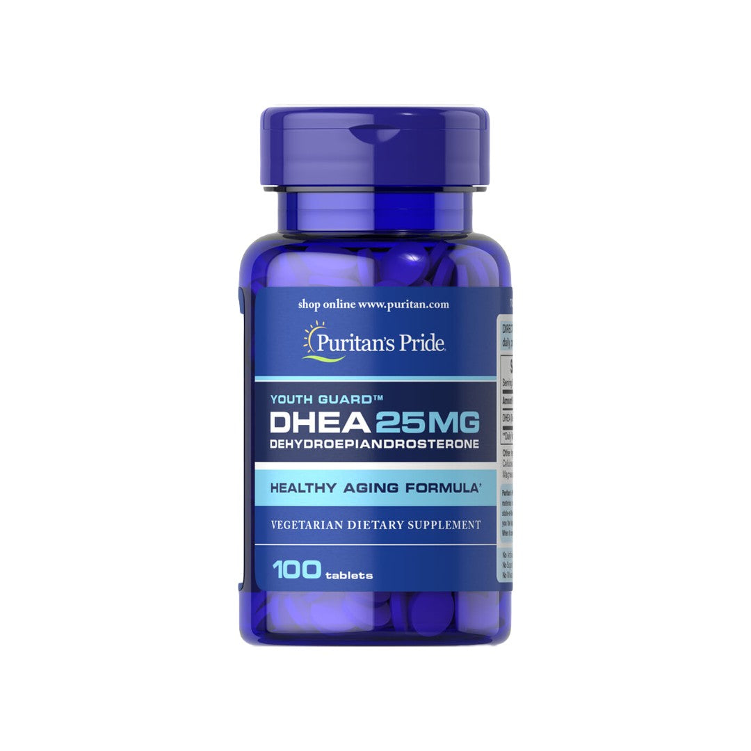 A bottle of Puritan's Pride DHEA - 25mg 100 tabs capsules.