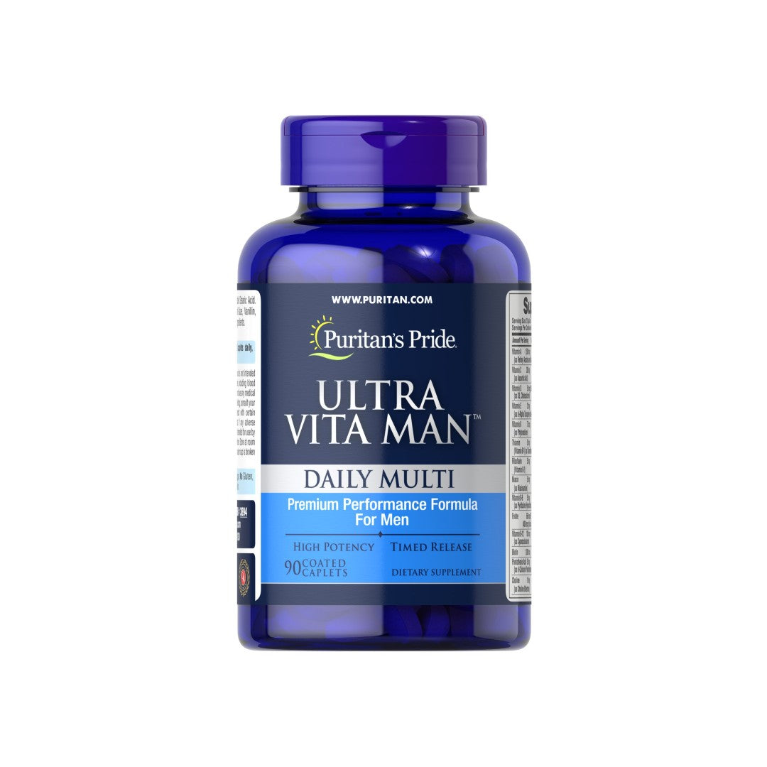 A bottle of Puritan's Pride Ultra Vita Man Sport Time Release 90 tablets containing vitamins and herbs.