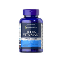 Thumbnail for A bottle of Puritan's Pride Ultra Vita Man Sport Time Release 90 tablets containing vitamins and herbs.