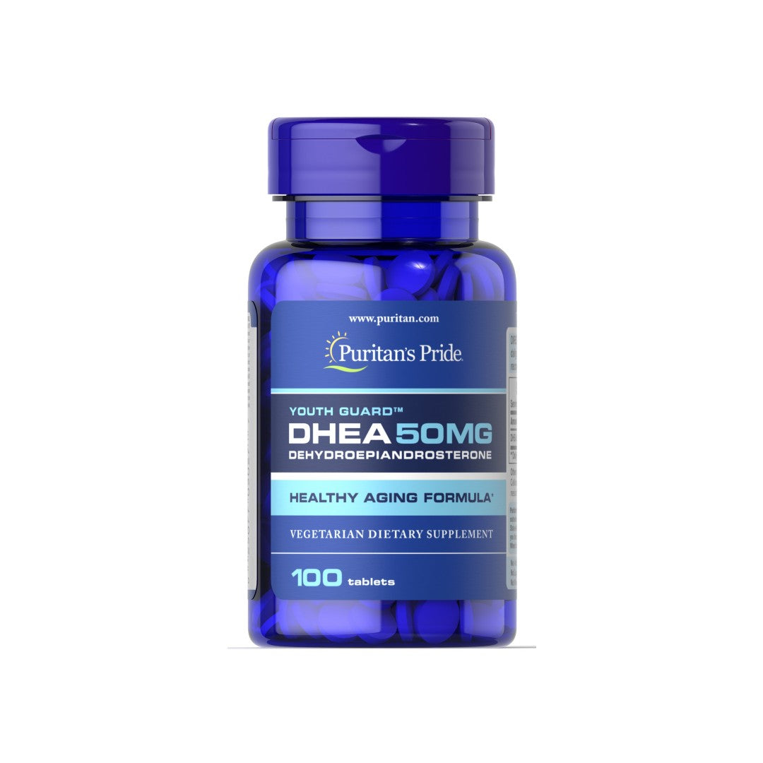 A bottle of DHEA - 50 mg 100 tabs from Puritan's Pride.