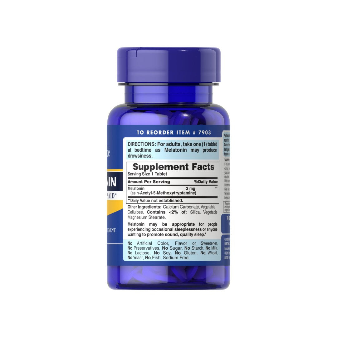 A bottle of Melatonin 3 mg 120 Tablets supplement by Puritan's Pride.