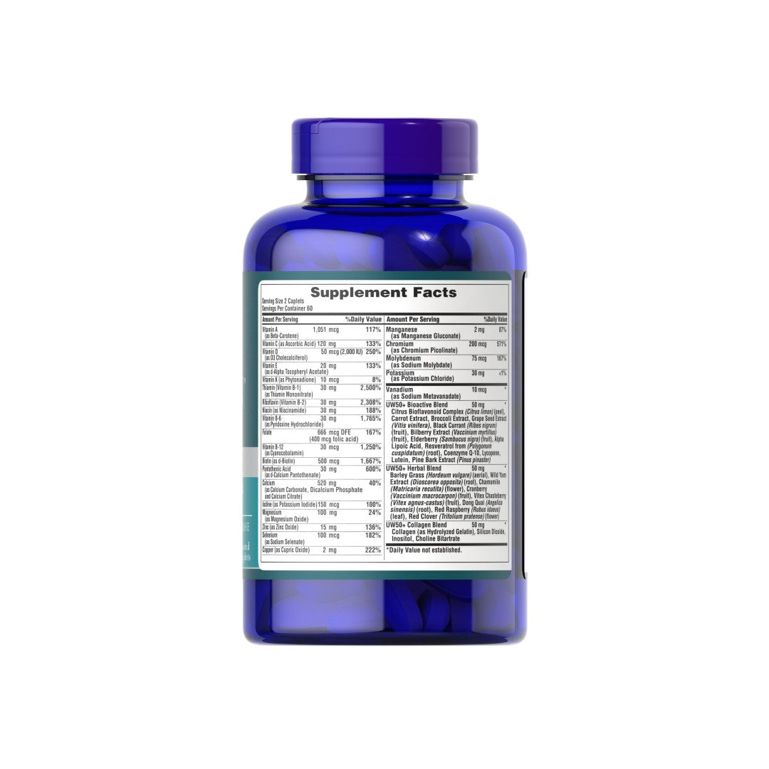 A bottle of Puritan's Pride Ultra Woman 50 Plus 120 tabs supplements on a white background. This product provides antioxidant and immune support as well as promotes cardiovascular health.
