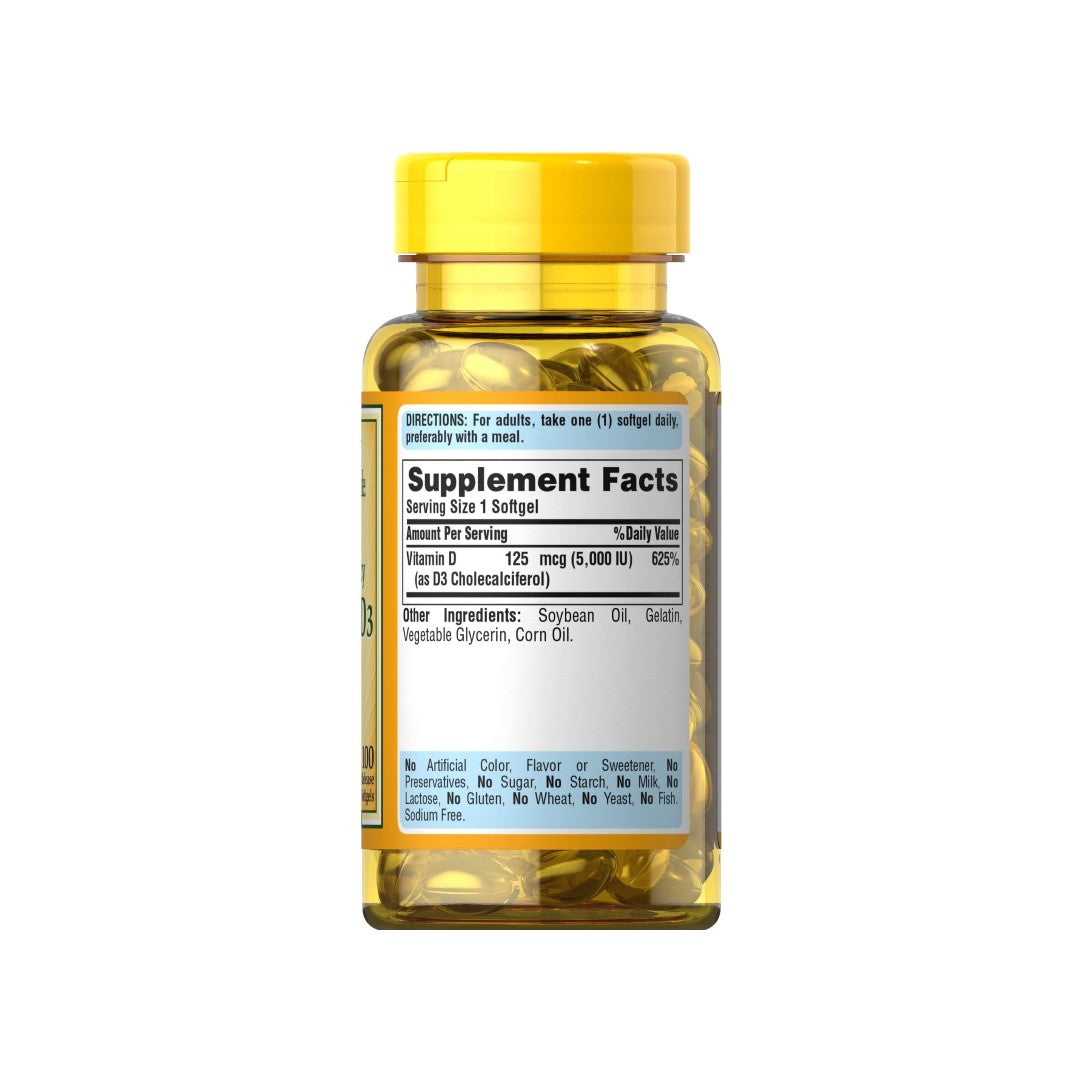 A bottle of Puritan's Pride Vitamins D3 5000 IU 100 Rapid Release Softgels on a white background, promoting respiratory health and supporting calcium absorption.