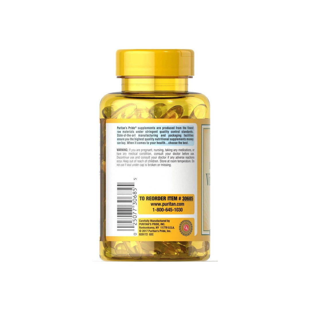 A bottle of Puritan's Pride Vitamins D3 5000 IU 200 Rapid Release Softgels, promoting bone growth and calcium absorption, on a white background.