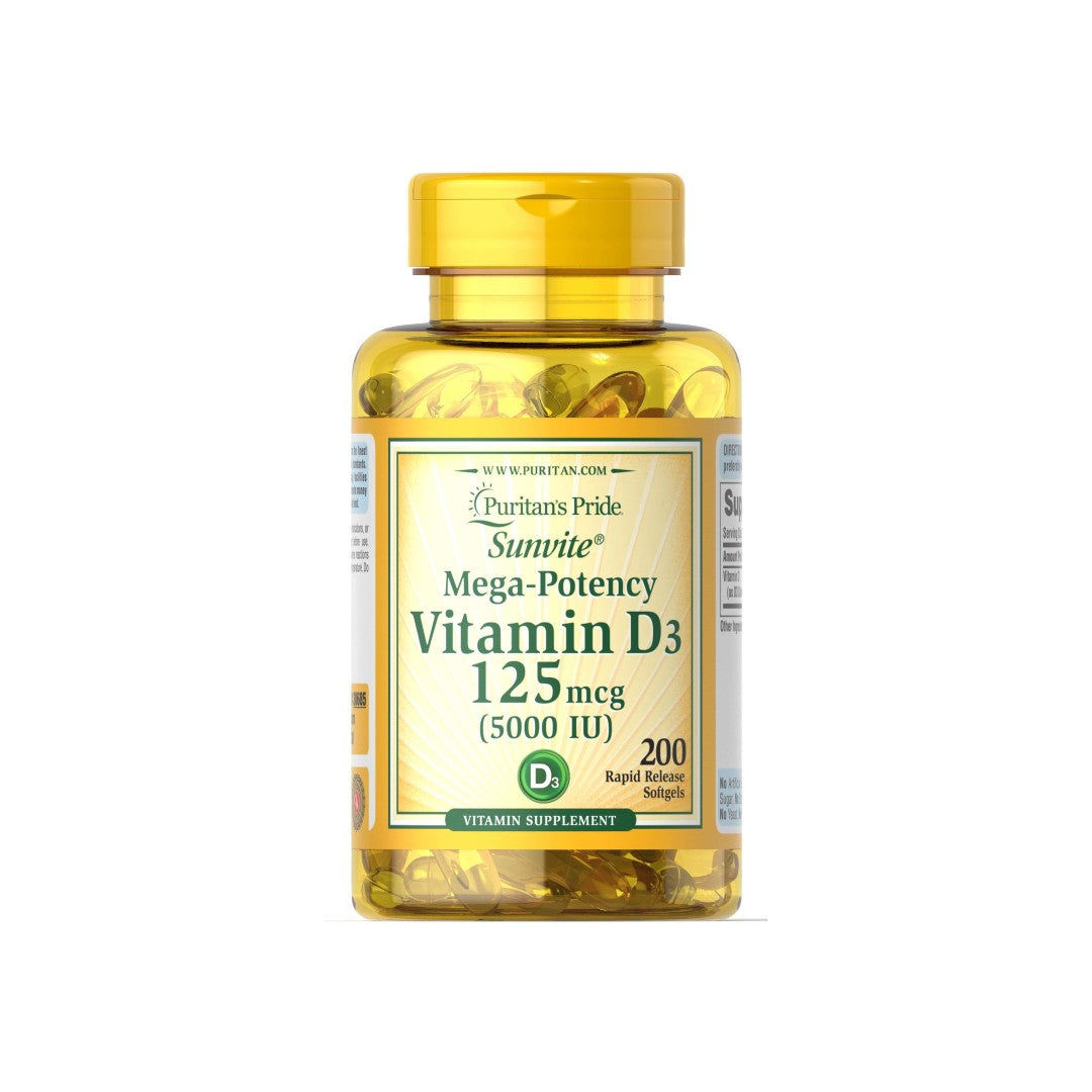 A bottle of Puritan's Pride Vitamins D3 5000 IU 200 Rapid Release Softgels with a white background.