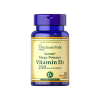 Thumbnail for A bottle of Vitamins D3 10000IU 100 sgel, essential for calcium absorption and immune function, by Puritan's Pride.