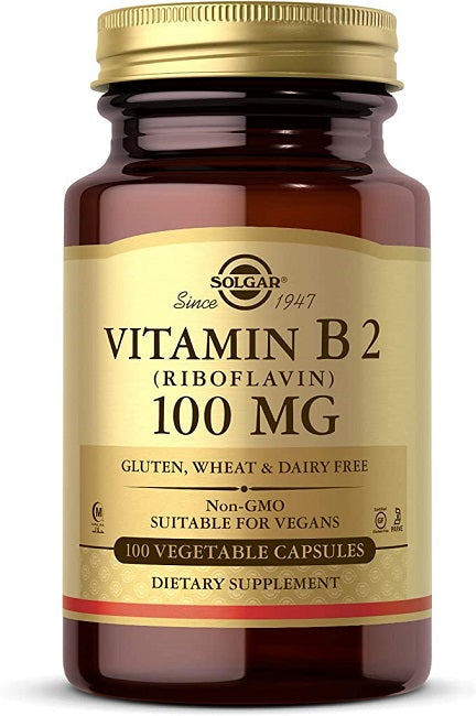Solgar's Vitamin B2 (Riboflavin) 100 mg 100 Vegetable Capsules is an essential coenzyme required for various bodily functions.