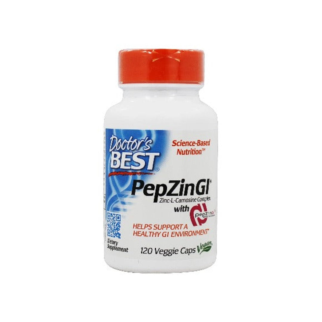 A dietary supplement for stomach health, specifically formulated to address occasional stomach discomfort, containing PepZin GI 120 vege capsules.