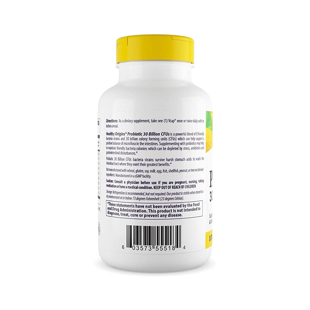 A bottle of Probiotic 30 Billion CFU 150 vege capsules, known for its benefits to the immune system, displayed on a clean white background. (Brand: Healthy Origins)