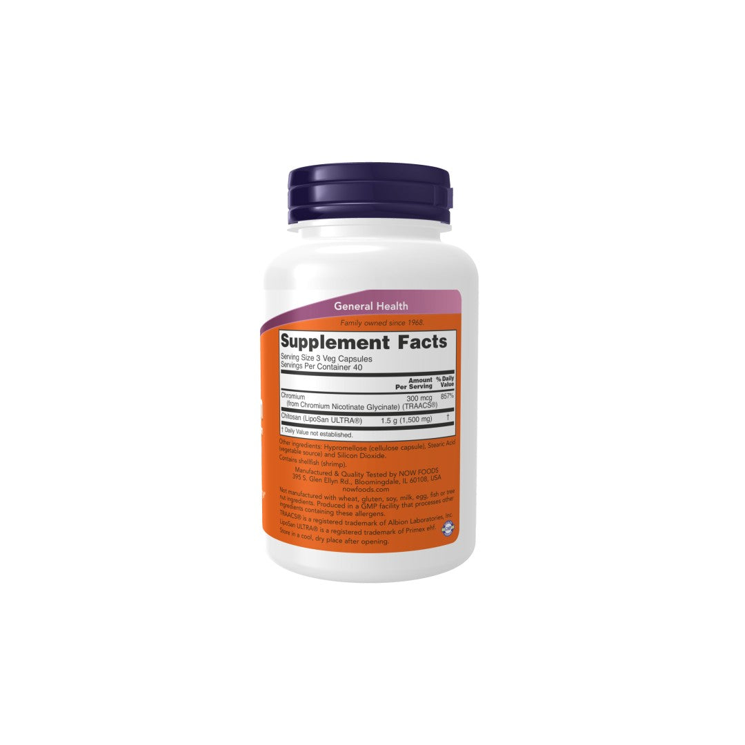 A bottle of Now Foods Chitosan 500 mg plus Chromium 120 Vegetable Capsules on a white background.