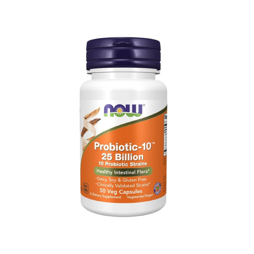 A bottle of Probiotic-10 25 Billion 50 vege capsules by Now Foods for improved digestion and immunity.