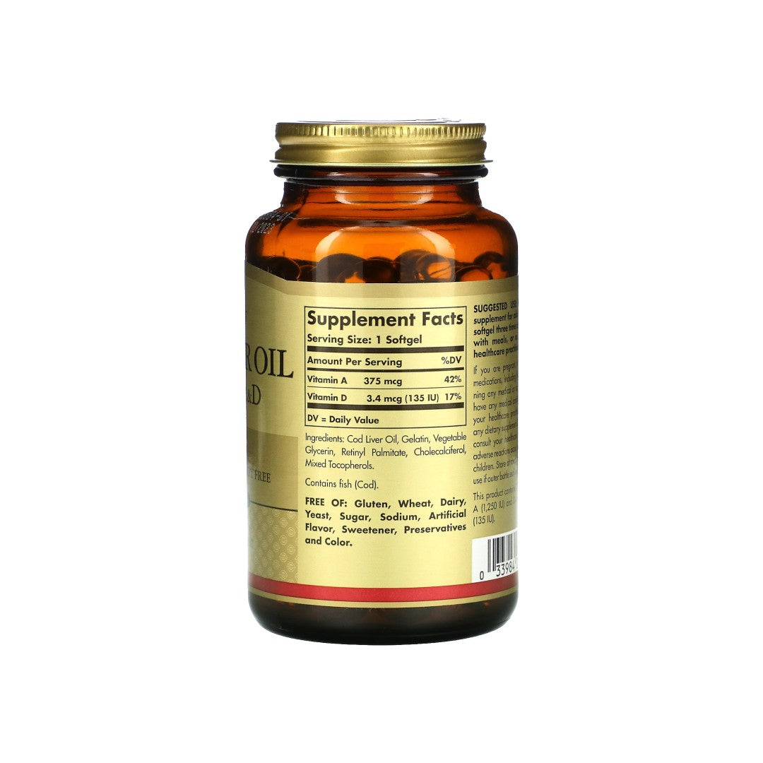 A bottle of Solgar Cod Liver Oil Softgels Vitamin A & D 250 softgel on a white background.