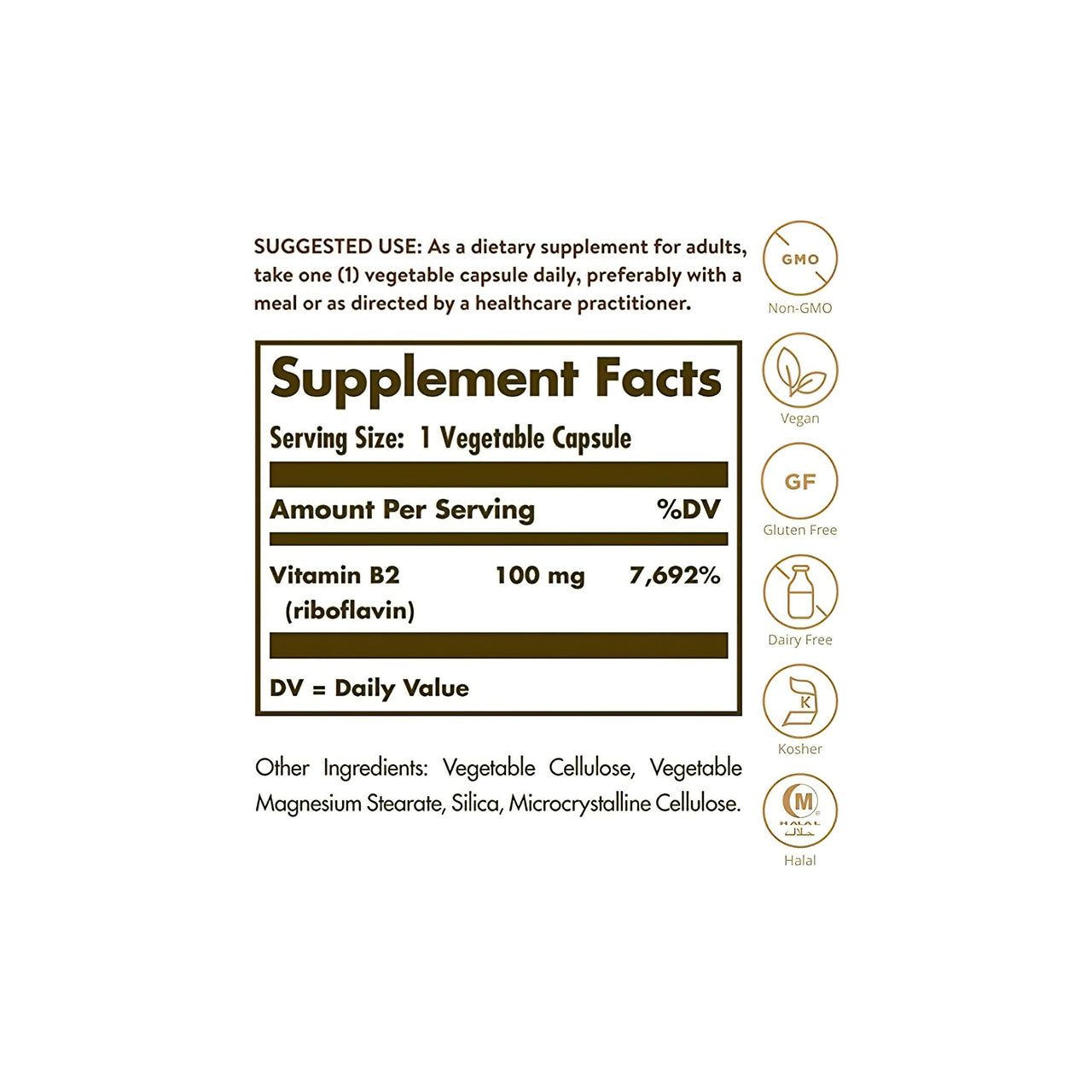A label showing the contents of a Solgar Vitamin B2 (Riboflavin) 100 mg 100 Vegetable Capsules supplement, including the coenzyme riboflavin.