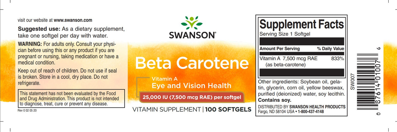 Swanson Beta-Carotene - 25000 IU softgels Vitamin A dietary supplement label.