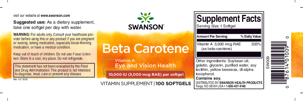 A dietary supplement label for Swanson Beta-Carotene - 10000 IU 100 softgels Vitamin A.