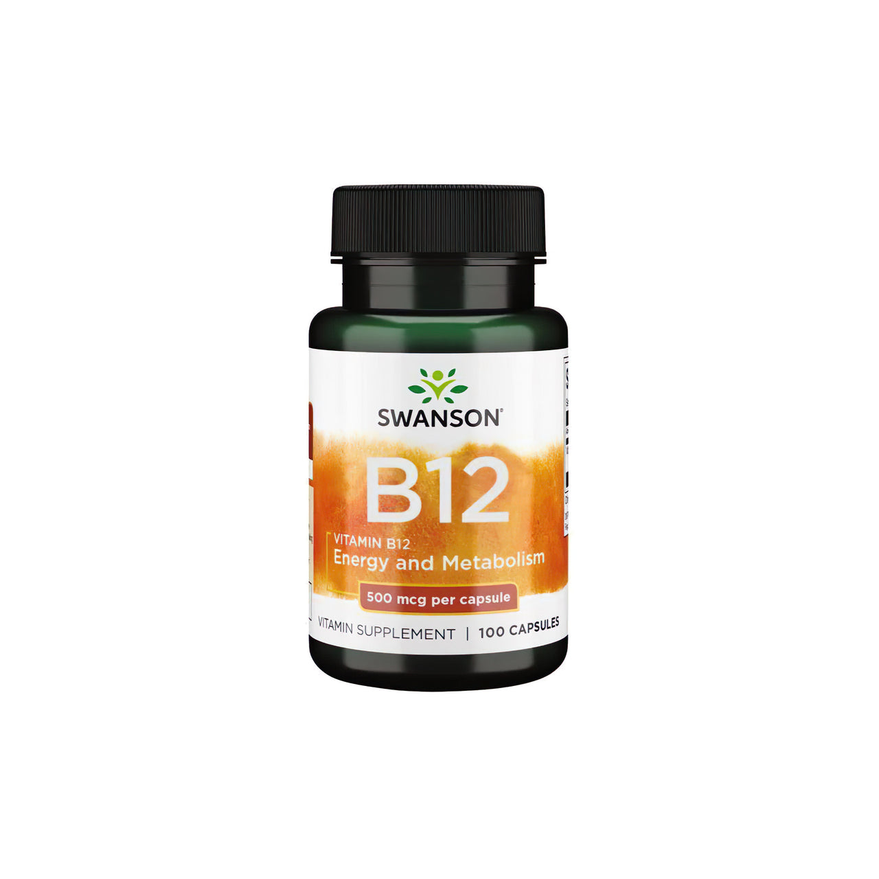 A bottle of Swanson Vitamin B-12 500 mcg 100 caps cyanocobalamin supplement for red blood cell production and cardiovascular health.