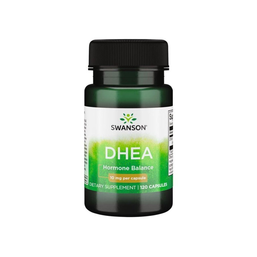 A bottle of Swanson DHEA - 10 mg 120 capsules.